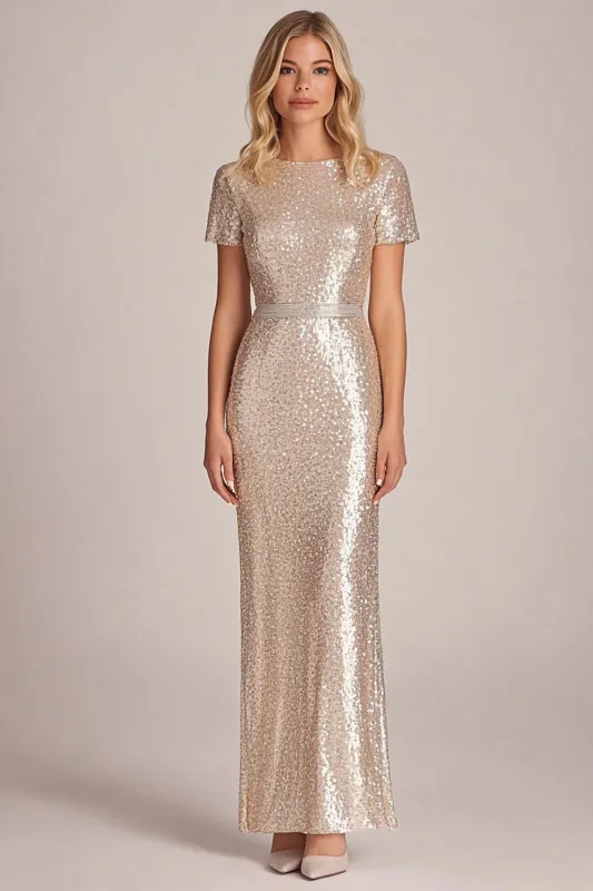 Sparkly Apricot Sheath Sequins Long Mother of the Bride Dress with Short Sleeves made by Wedtrend