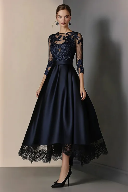 Navy A Line Lace Mother Of Bride Dress with 3/4 Sleeves sold by Wedtrend