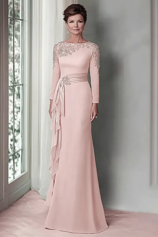 Blush Lace Sheath Mother Of The Bride Dress with Long Sleeves made by Wedtrend