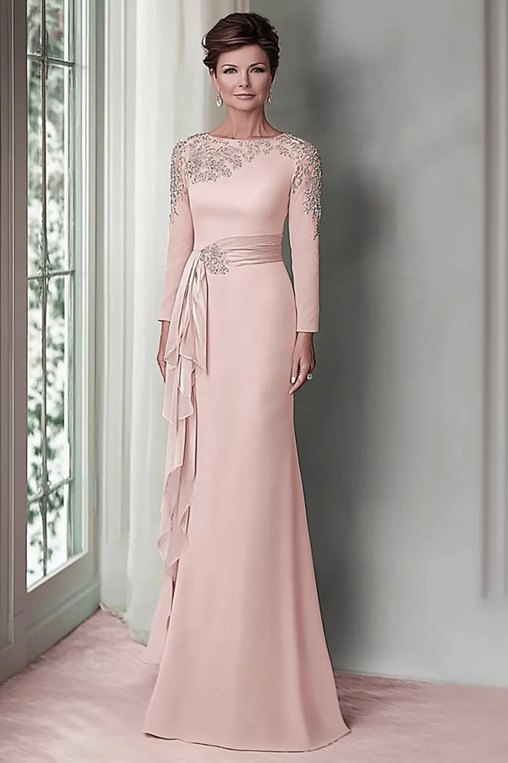 Blush Lace Sheath Mother Of The Bride Dress with Long Sleeves sold by Wedtrend