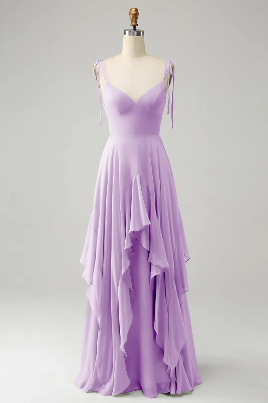 A Line Spaghetti Straps Chiffon Long Bridesmaid Dress with Ruffles sold by Wedtrend