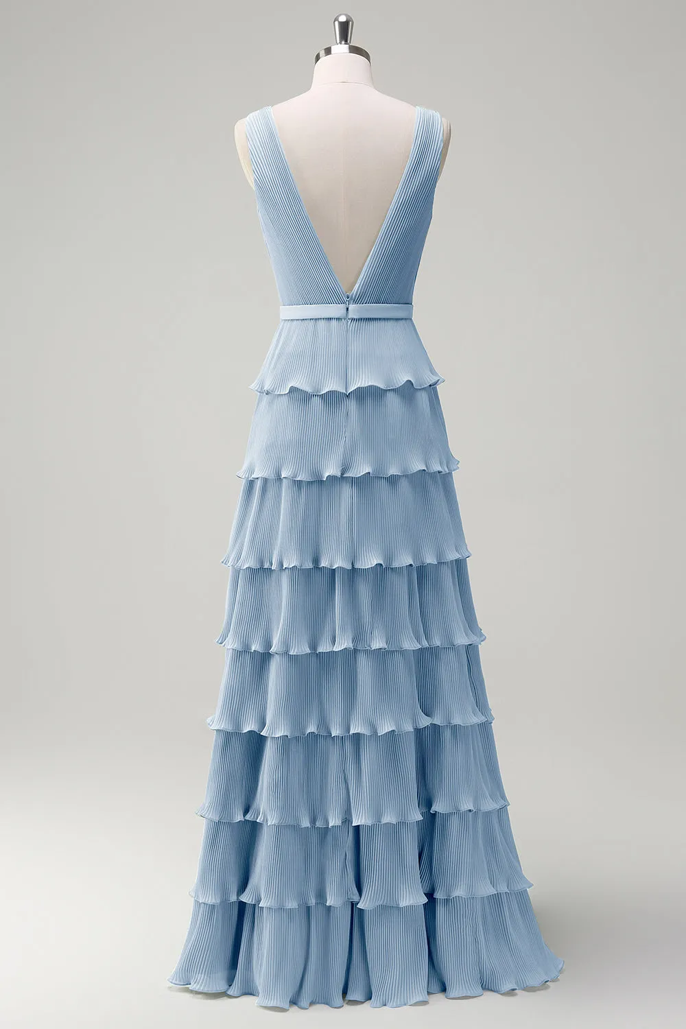 Blue A Line V-Neck Pleated Tiered Backless Floor-Length Dress with Slit sold by Wedtrend product image thumbnail 4
