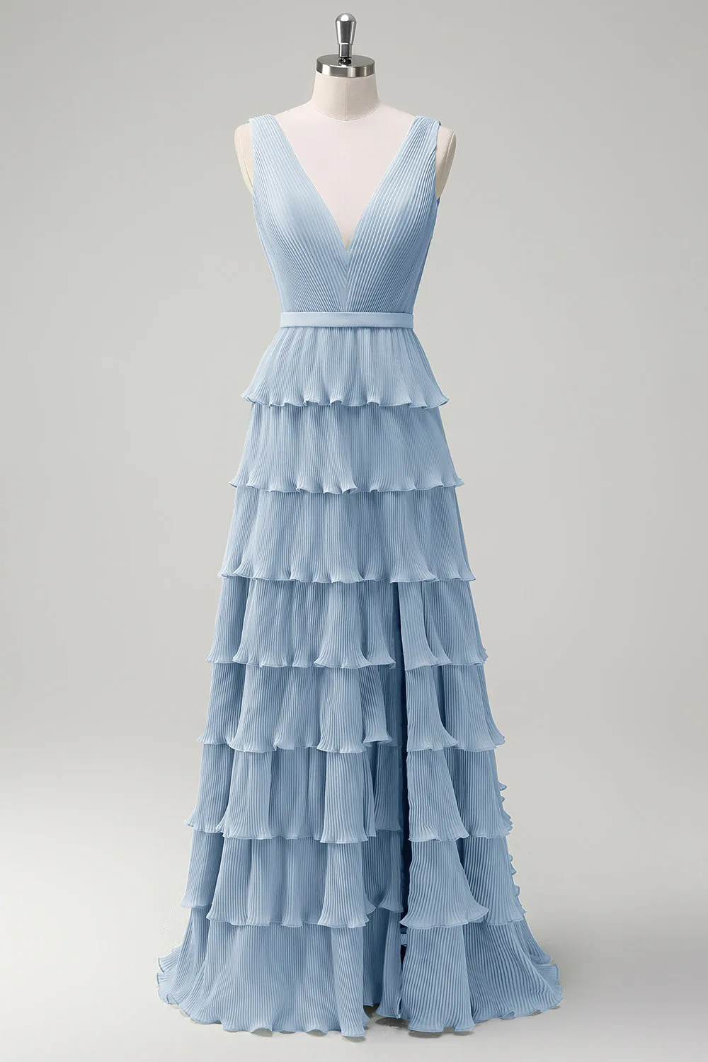 Blue A Line V-Neck Pleated Tiered Backless Floor-Length Dress with Slit sold by Wedtrend product image thumbnail 3