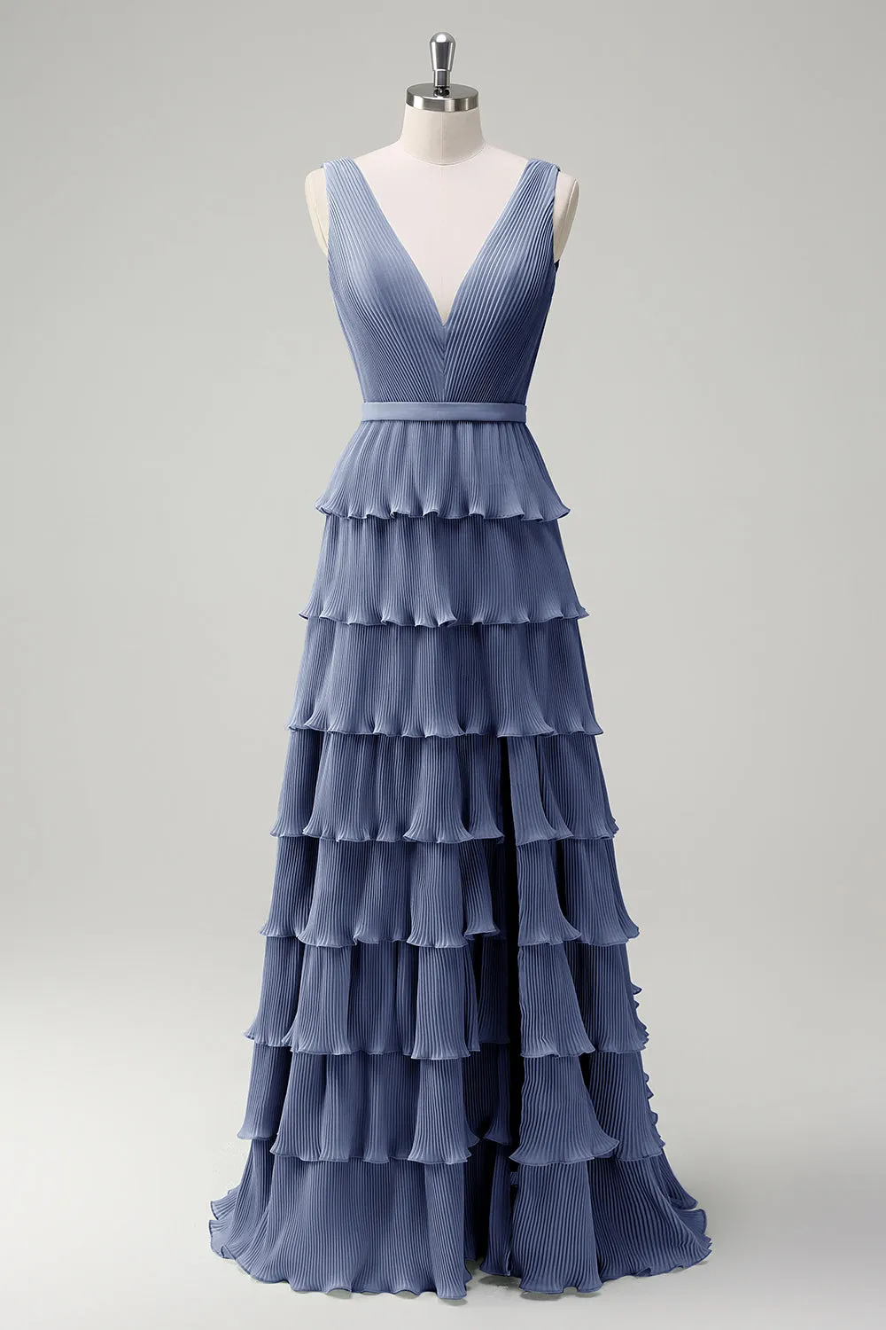 Blue A Line V-Neck Pleated Tiered Backless Floor-Length Dress with Slit sold by Wedtrend product image thumbnail 5