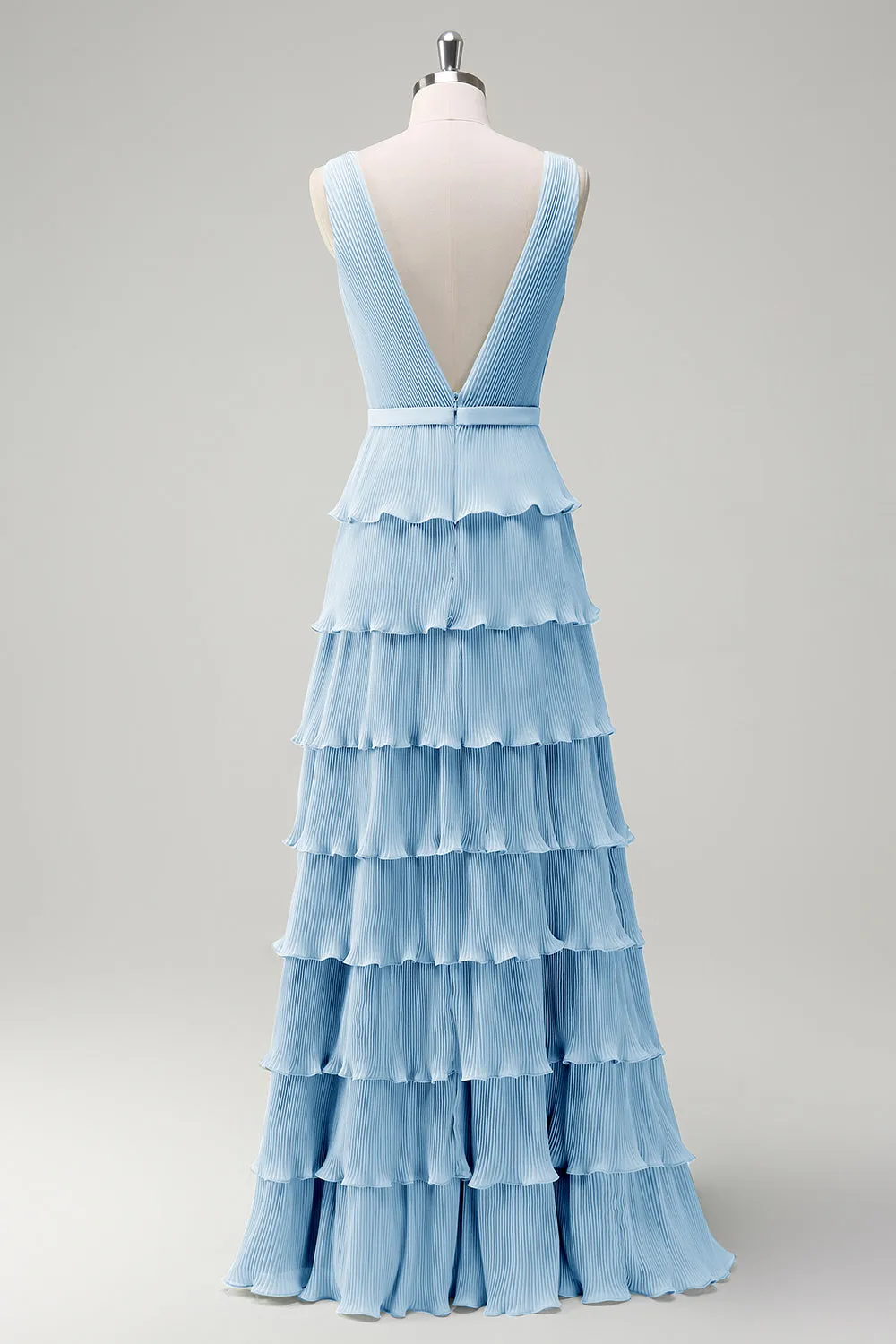 Blue A Line V-Neck Pleated Tiered Backless Floor-Length Dress with Slit sold by Wedtrend product image thumbnail 2