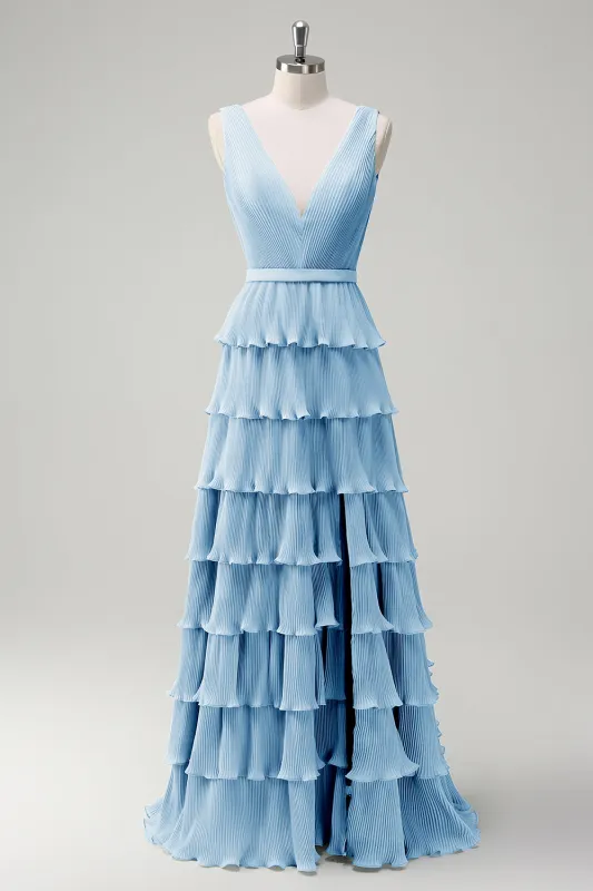 Blue A Line V-Neck Pleated Tiered Backless Floor-Length Dress with Slit made by Wedtrend
