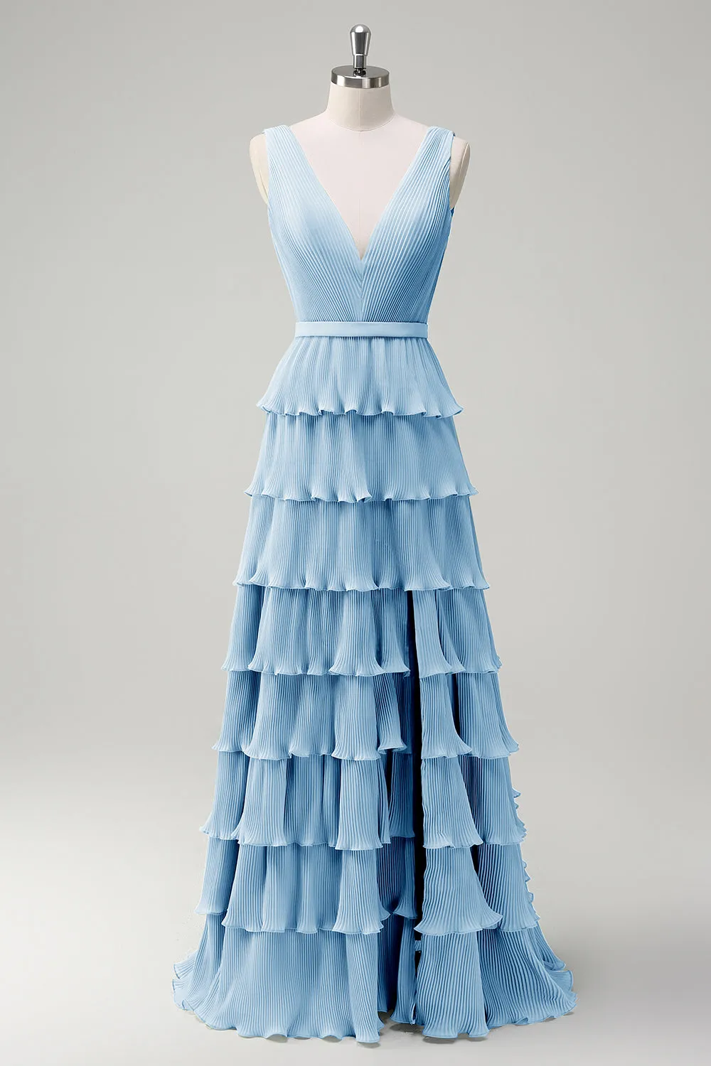 Blue A Line V-Neck Pleated Tiered Backless Floor-Length Dress with Slit sold by Wedtrend