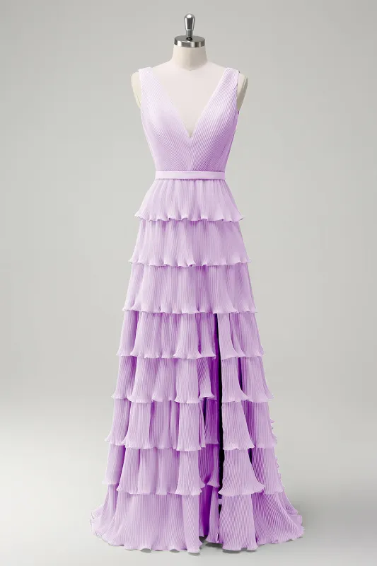 A Line V-Neck Pleated Tiered Backless Long Lilac Bridesmaid Dress with Slit made by Wedtrend