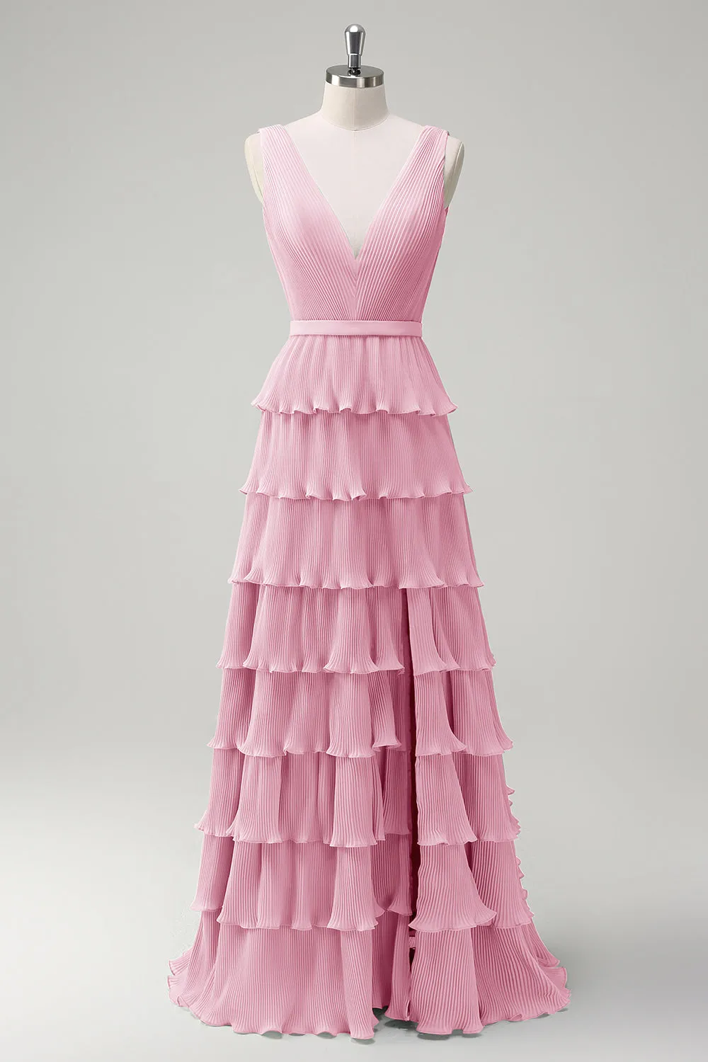 Blush Pink A Line V-Neck Pleated Tiered Backless Long Bridesmaid Dress with Slit sold by Wedtrend product image thumbnail 3