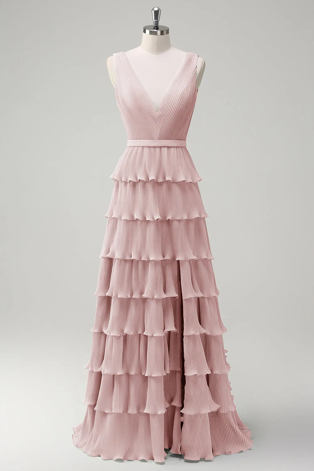 Blush Pink A Line V-Neck Pleated Tiered Backless Long Bridesmaid Dress with Slit sold by Wedtrend product image thumbnail 5