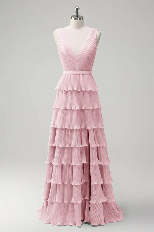 Blush Pink A Line V-Neck Pleated Tiered Backless Long Bridesmaid Dress with Slit made by Wedtrend