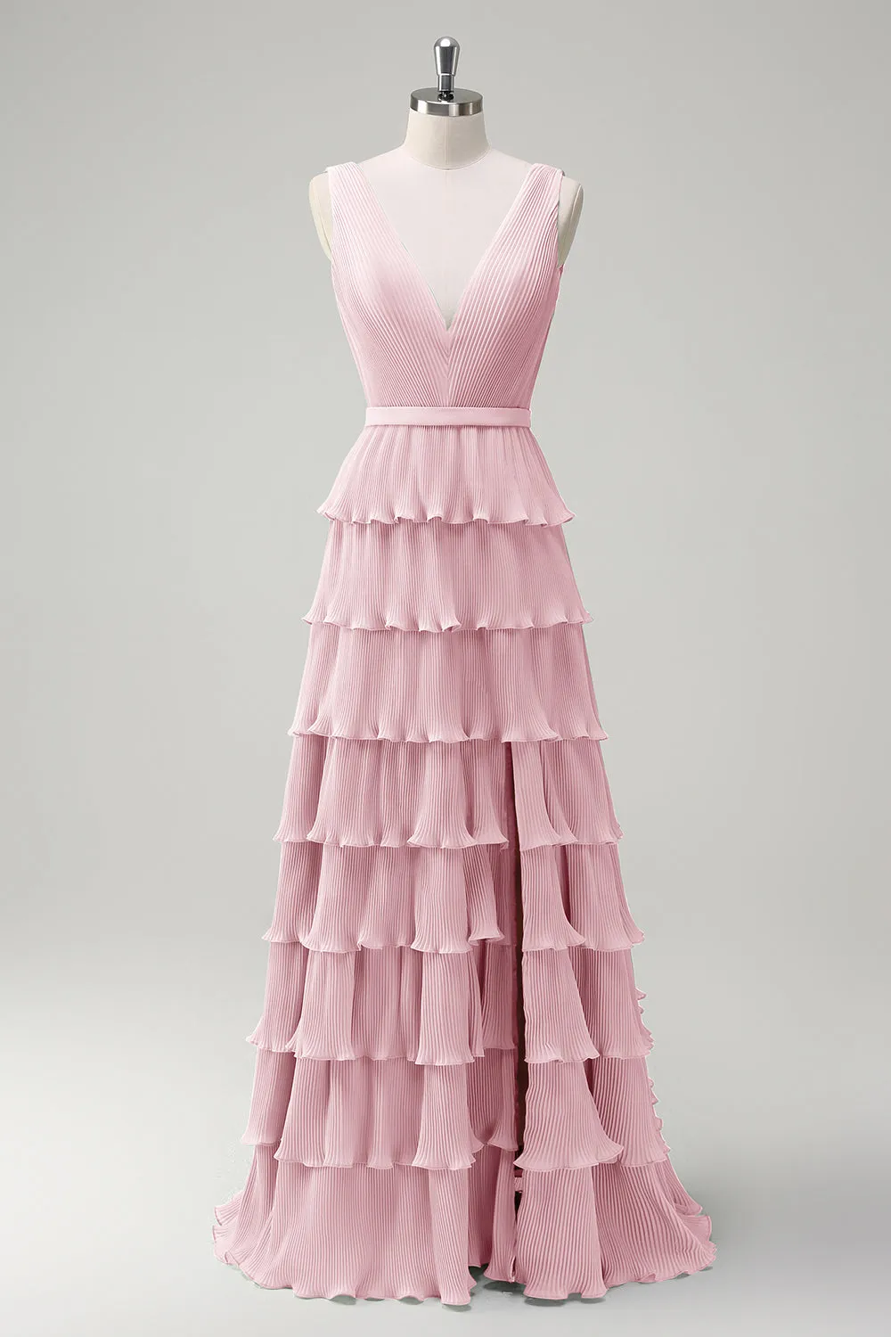 Blush Pink A Line V-Neck Pleated Tiered Backless Long Bridesmaid Dress with Slit sold by Wedtrend