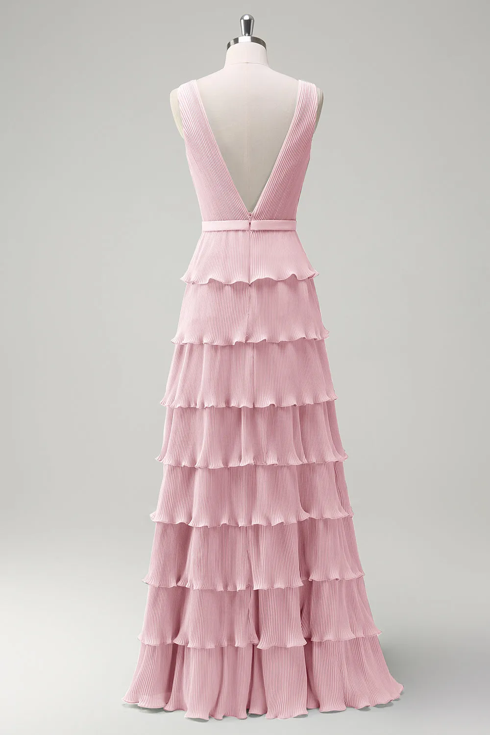 Blush Pink A Line V-Neck Pleated Tiered Backless Long Bridesmaid Dress with Slit sold by Wedtrend product image thumbnail 2