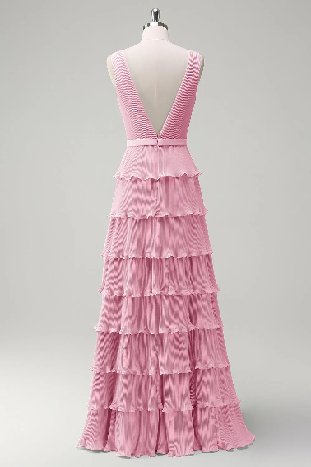 Blush Pink A Line V-Neck Pleated Tiered Backless Long Bridesmaid Dress with Slit sold by Wedtrend product image thumbnail 4