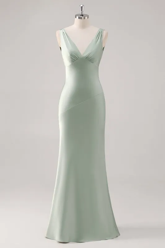 Sage Green Sheath V Neck Backless Satin Bridesmaid Dress sold by Wedtrend