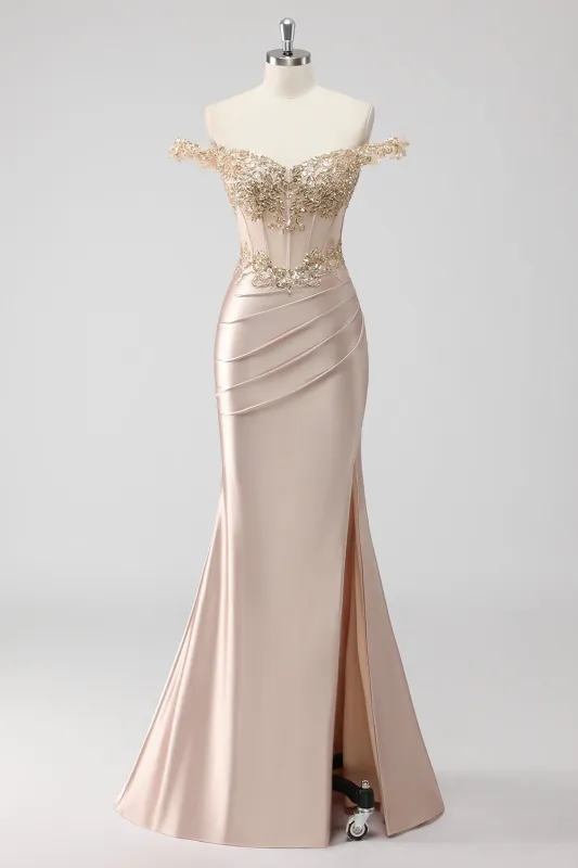 Sparkly Champagne Mermaid Off the Shoulder Corset Appliqued Prom Dress with Slit made by Wedtrend