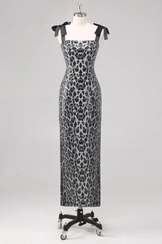 Sparkly Grey Sheath Tie Straps Leopard Long Formal Dress made by Wedtrend