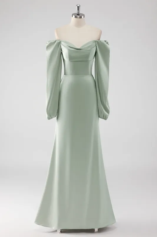 Sage Green A Line Off the Shoulder Long Bridesmaid Dress with Long Sleeves made by Wedtrend