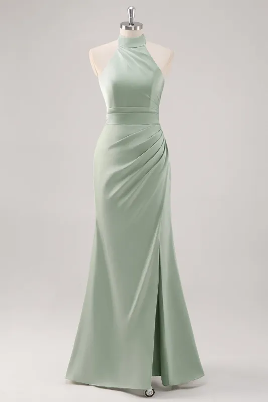 Sage Green Sheath Halter Ruched Satin Long Bridesmaid Dress with Slit sold by Wedtrend
