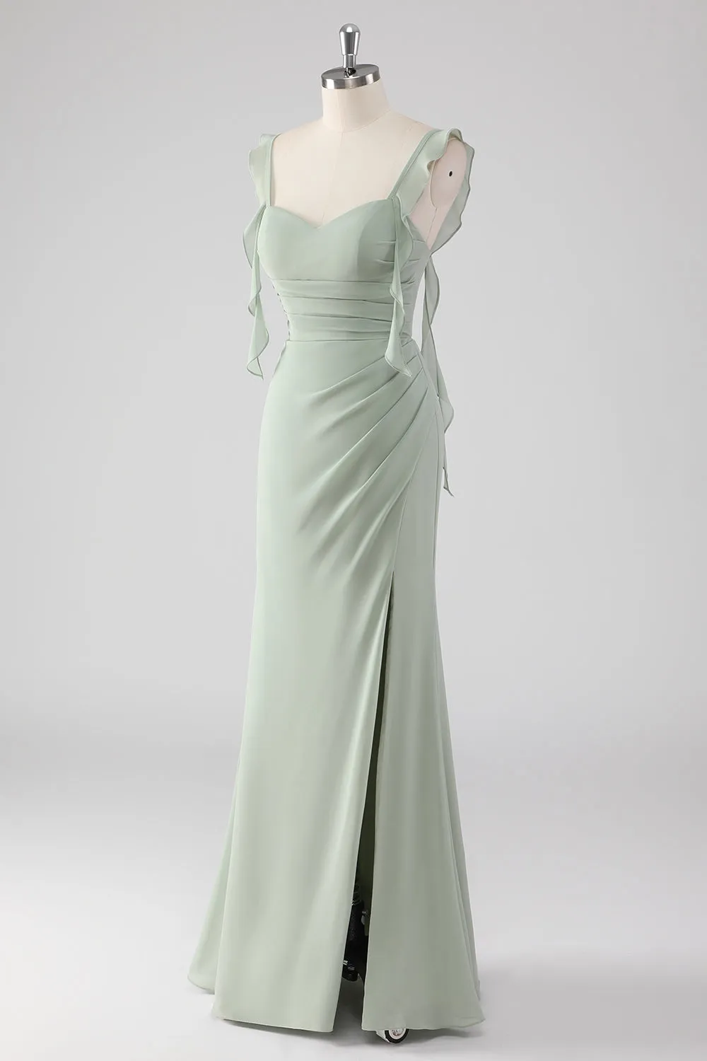 Sage Green Sheath Ruffled Lace-Up Back Long Bridesmaid Dress with Slit sold by Wedtrend product image thumbnail 3