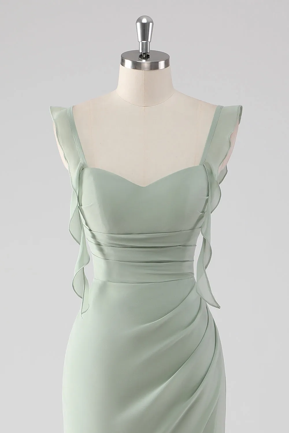 Sage Green Sheath Ruffled Lace-Up Back Long Bridesmaid Dress with Slit sold by Wedtrend product image thumbnail 4