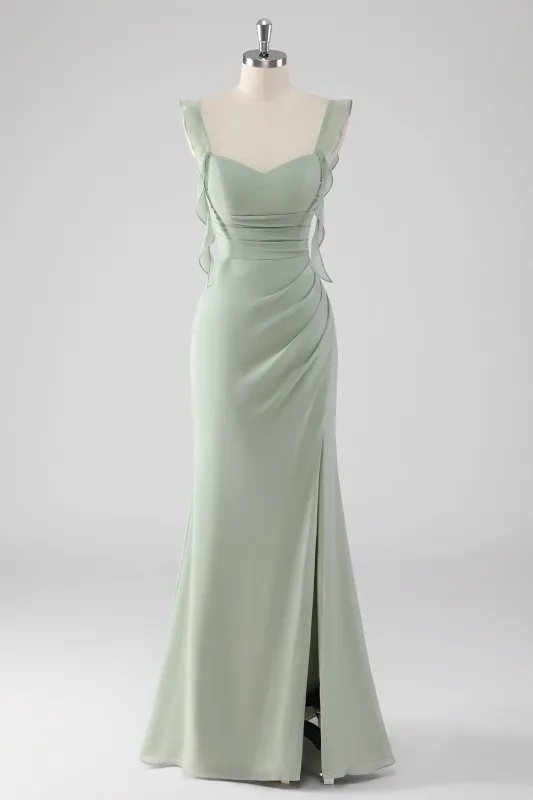 Sage Green Sheath Ruffled Lace-Up Back Long Bridesmaid Dress with Slit made by Wedtrend