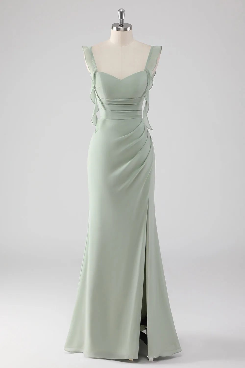 Sage Green Sheath Ruffled Lace-Up Back Long Bridesmaid Dress with Slit sold by Wedtrend