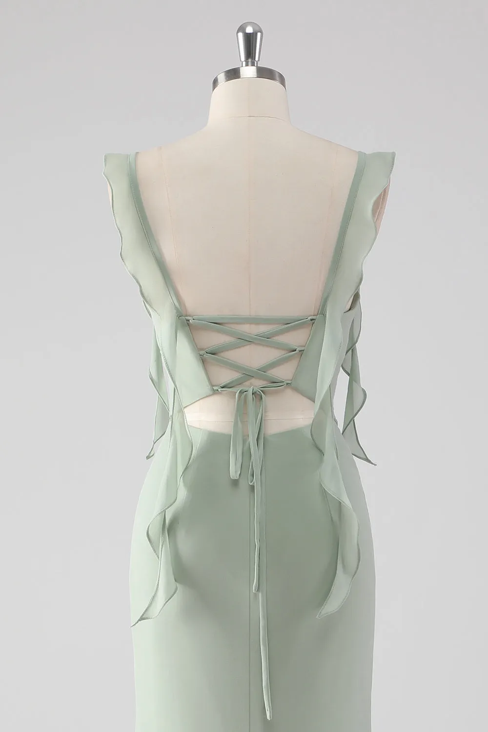 Sage Green Sheath Ruffled Lace-Up Back Long Bridesmaid Dress with Slit sold by Wedtrend product image thumbnail 5