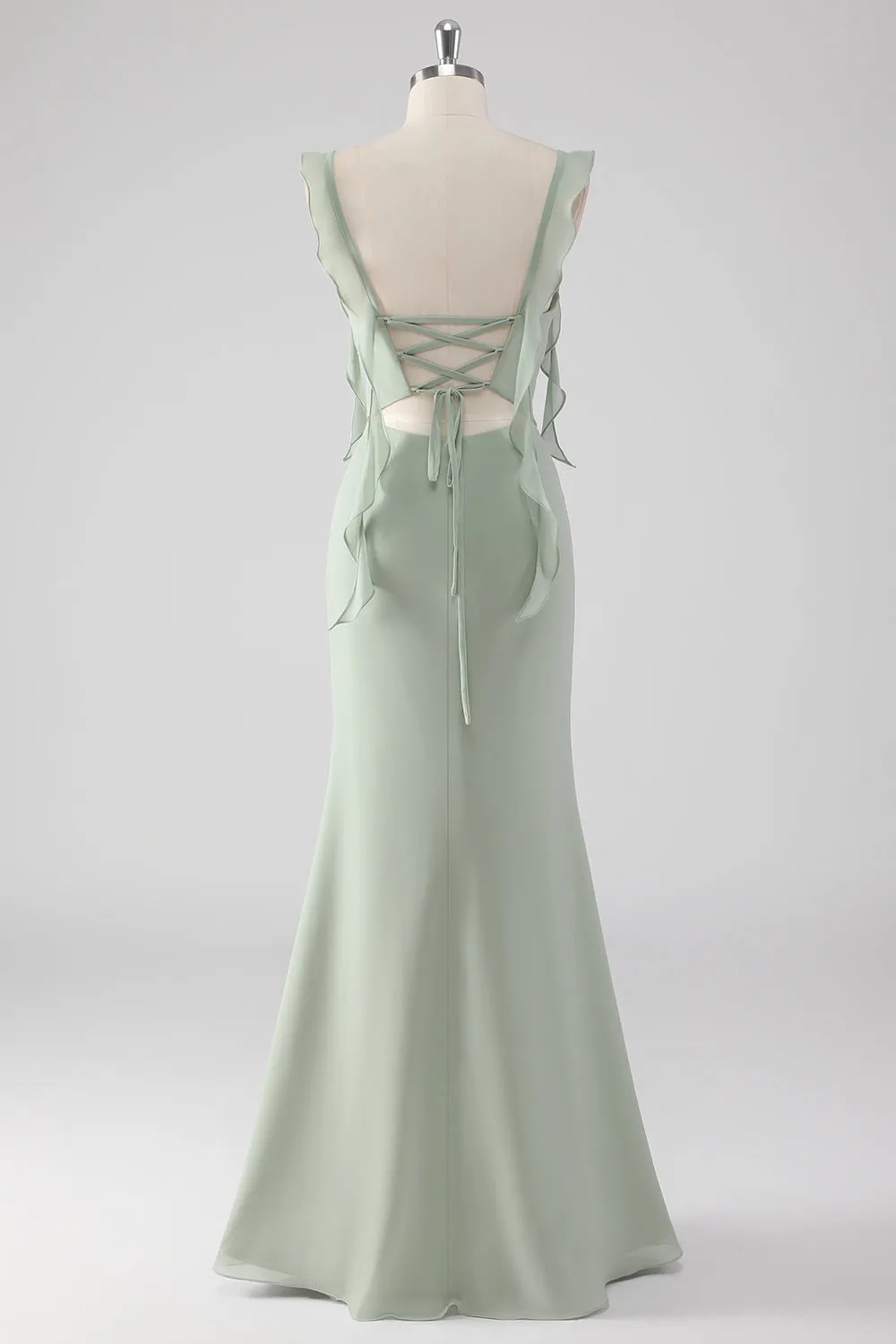 Sage Green Sheath Ruffled Lace-Up Back Long Bridesmaid Dress with Slit sold by Wedtrend product image thumbnail 2