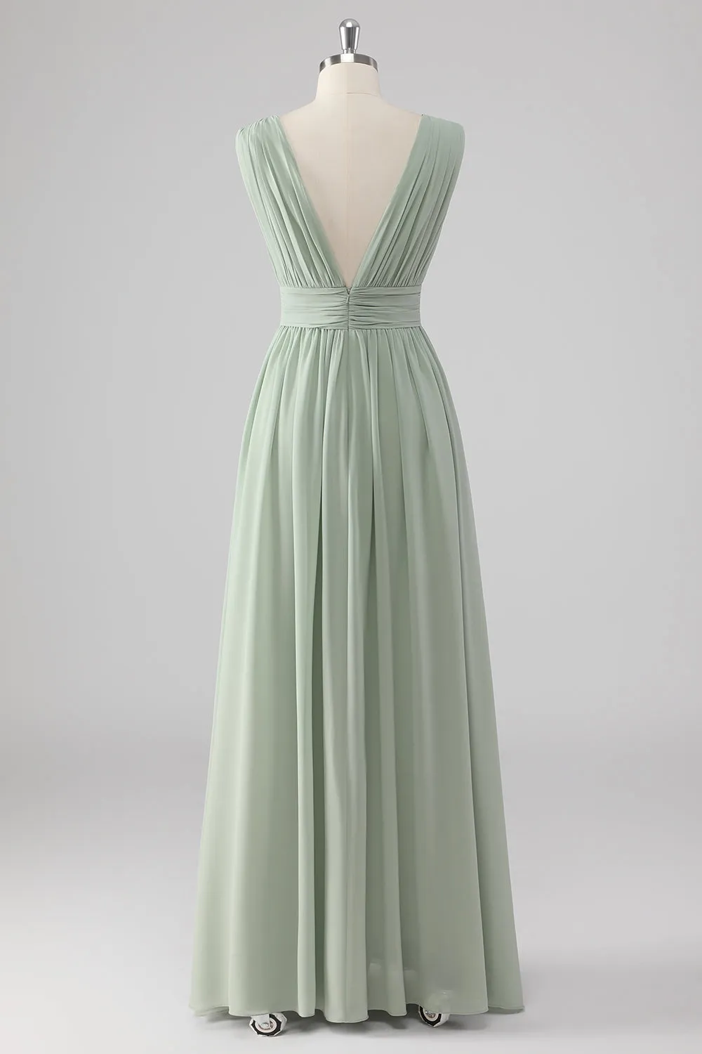Sage Green V Neck Pleated Chiffon Long Bridesmaid Dress with Slit sold by Wedtrend product image thumbnail 2