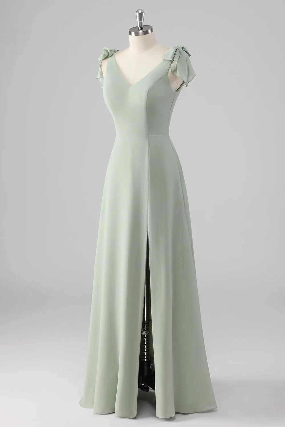 Sage Green A Line V Neck Bow Tie Straps Long Bridesmaid Dress with Slit sold by Wedtrend product image thumbnail 3