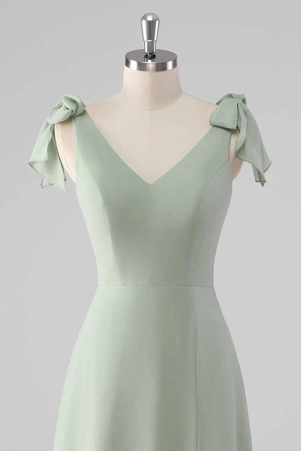 Sage Green A Line V Neck Bow Tie Straps Long Bridesmaid Dress with Slit sold by Wedtrend product image thumbnail 4
