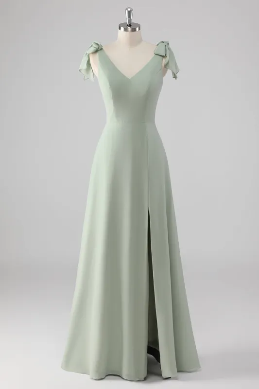 Sage Green A Line V Neck Bow Tie Straps Long Bridesmaid Dress with Slit made by Wedtrend