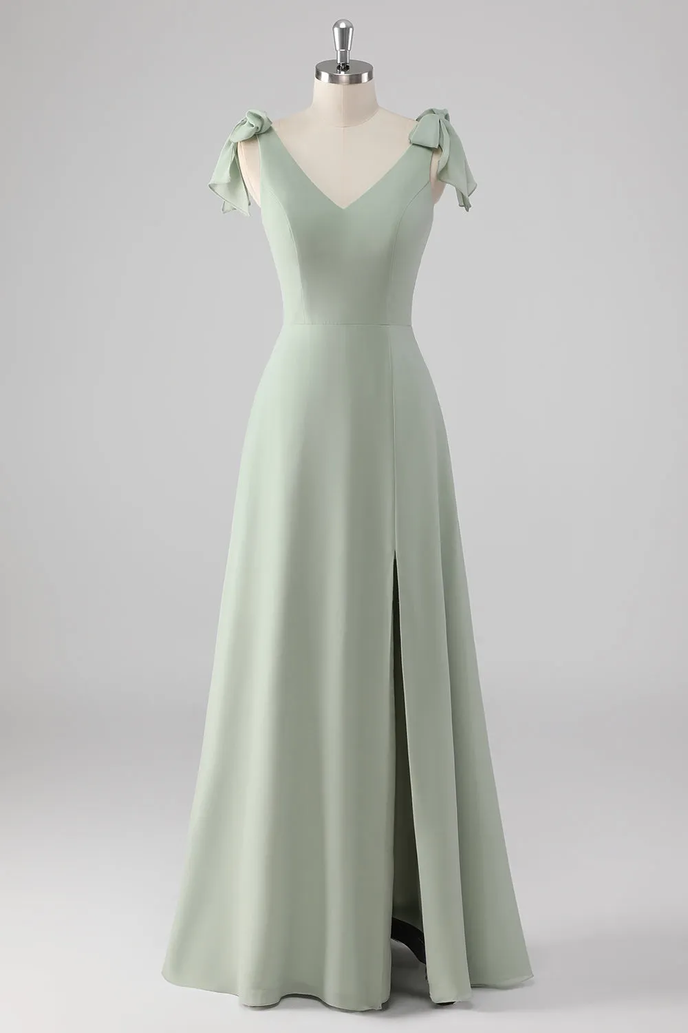 Sage Green A Line V Neck Bow Tie Straps Long Bridesmaid Dress with Slit sold by Wedtrend
