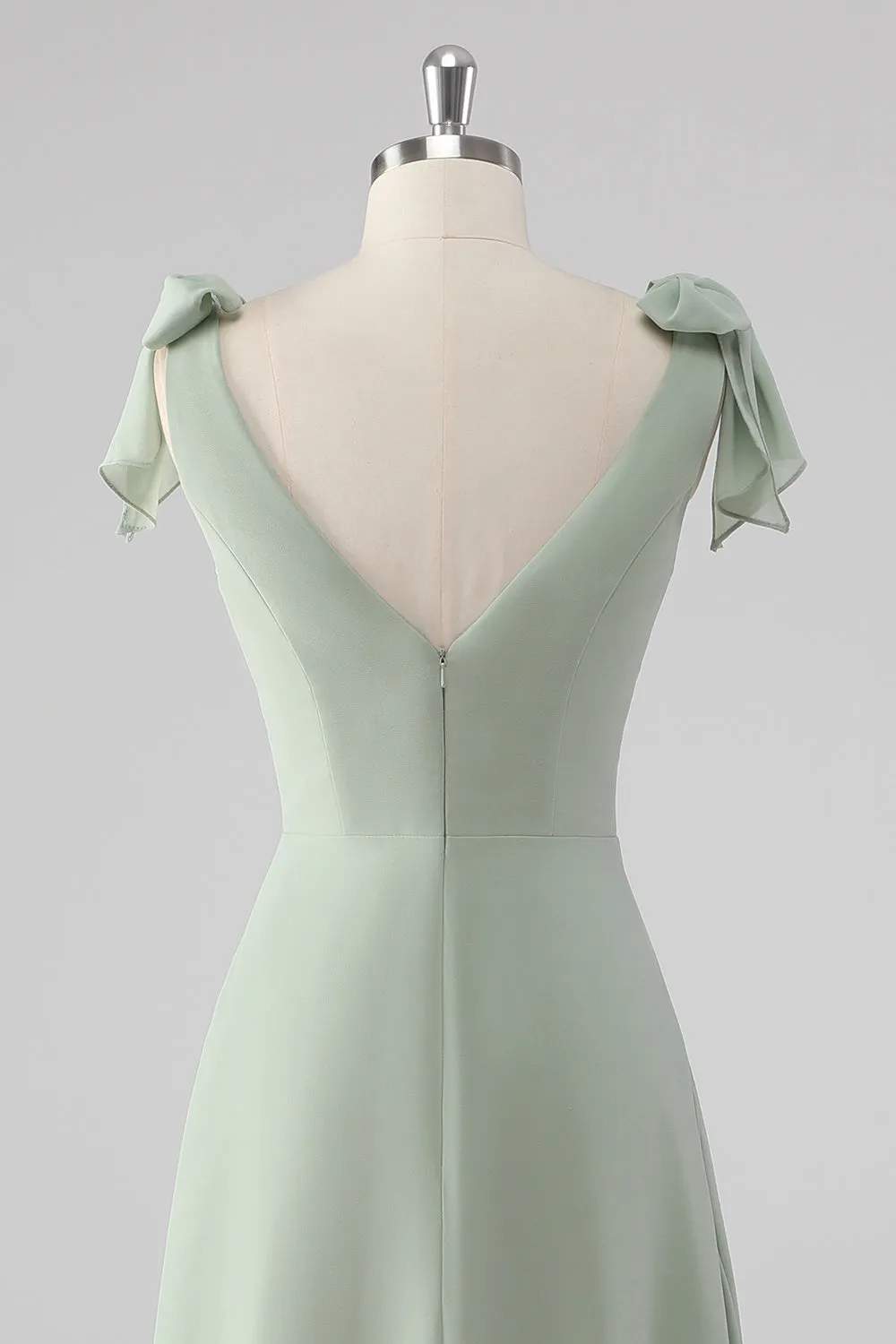 Sage Green A Line V Neck Bow Tie Straps Long Bridesmaid Dress with Slit sold by Wedtrend product image thumbnail 5