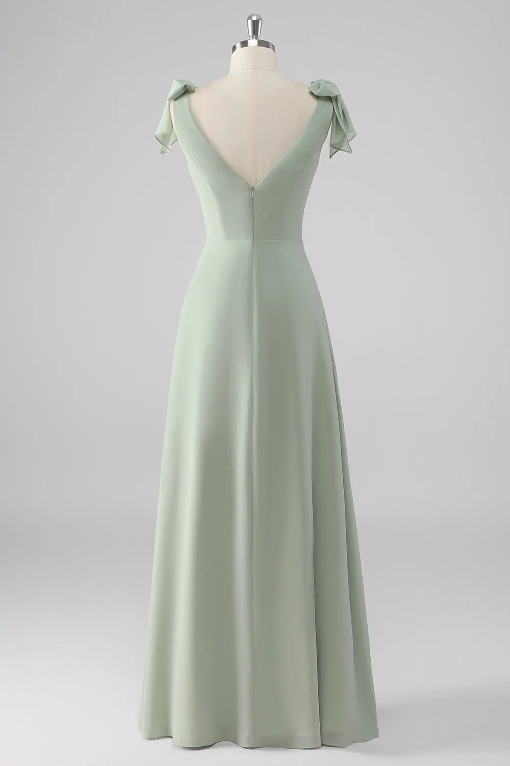 Sage Green A Line V Neck Bow Tie Straps Long Bridesmaid Dress with Slit sold by Wedtrend product image thumbnail 2