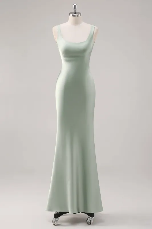 Sage Green Mermaid Square Neck Satin Long Bridesmaid Dress with Criss Cross Back made by Wedtrend