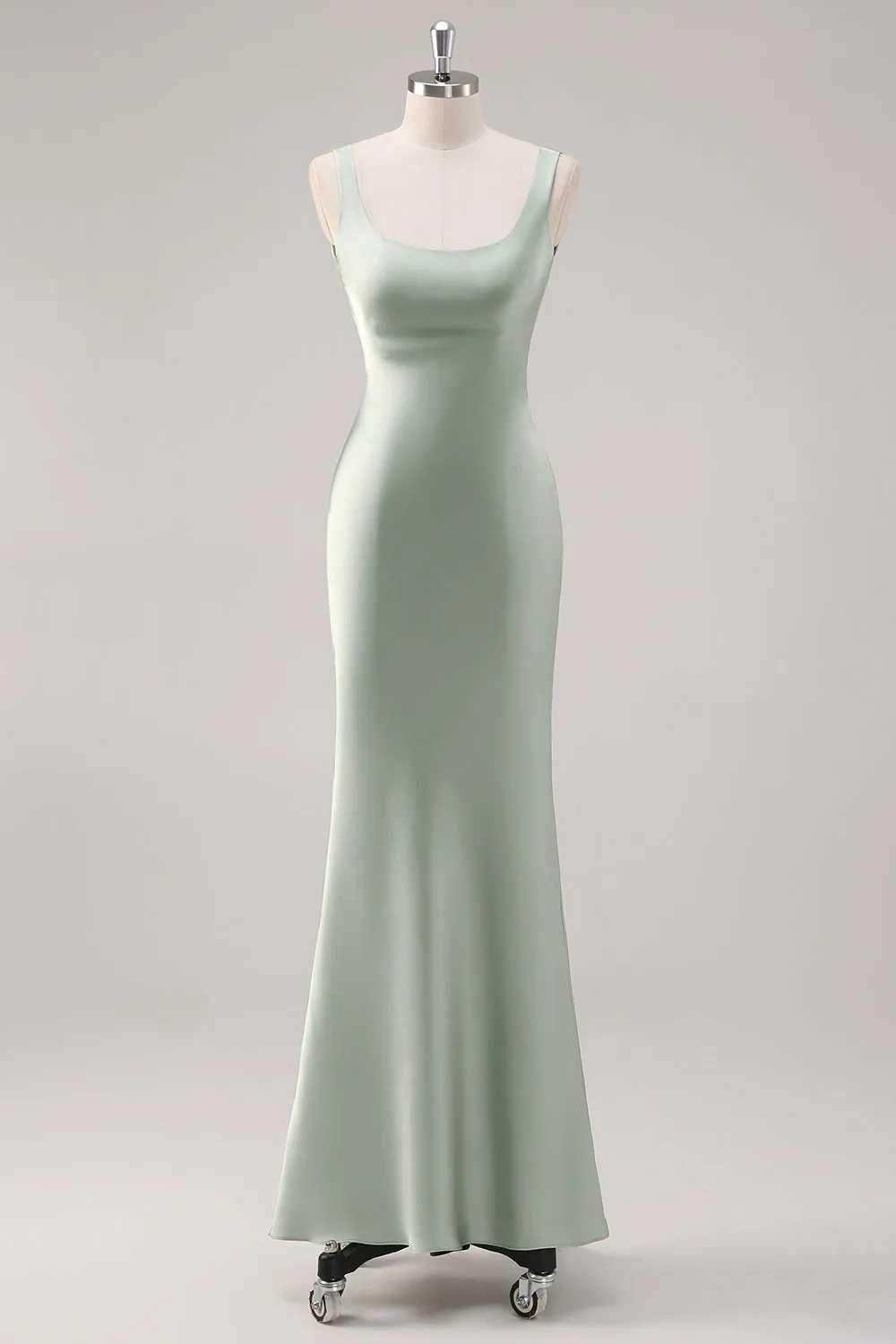 Sage Green Mermaid Square Neck Satin Long Bridesmaid Dress with Criss Cross Back sold by Wedtrend