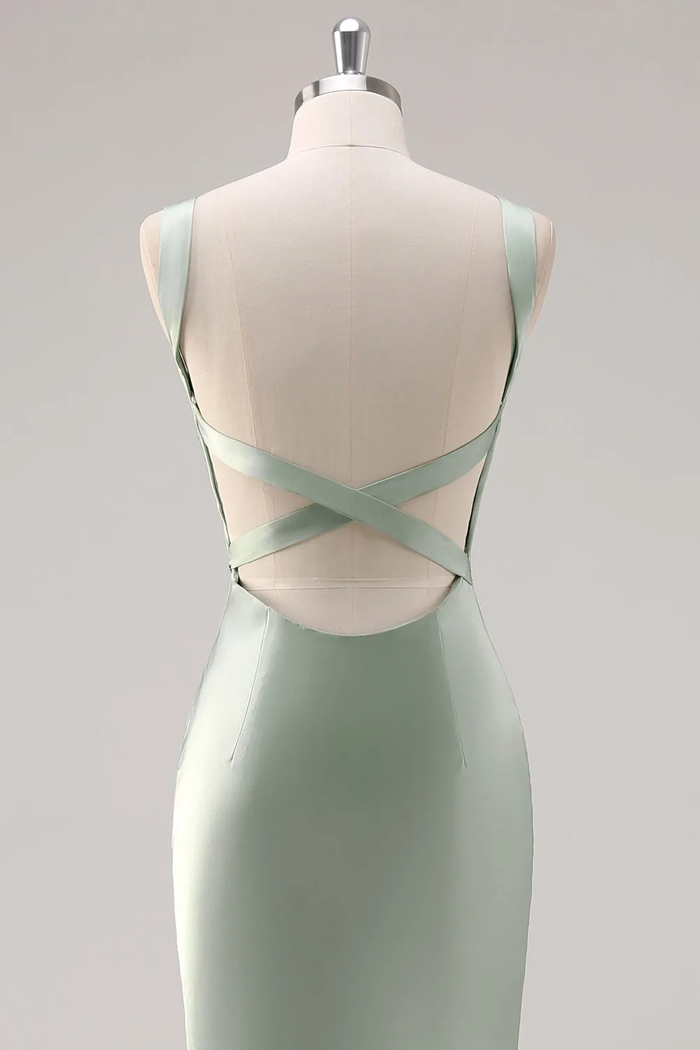 Sage Green Mermaid Square Neck Satin Long Bridesmaid Dress with Criss Cross Back sold by Wedtrend product image thumbnail 5
