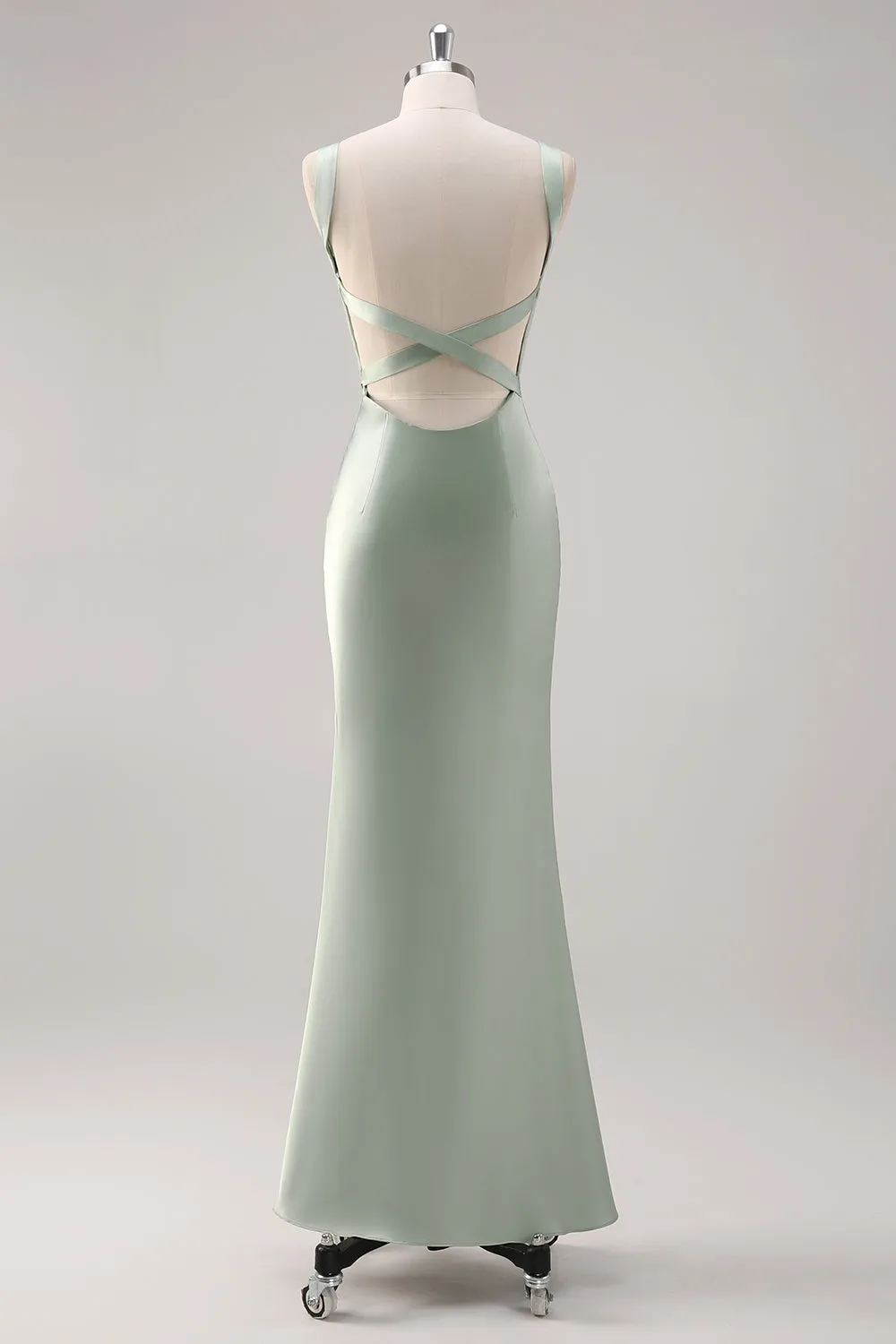 Sage Green Mermaid Square Neck Satin Long Bridesmaid Dress with Criss Cross Back sold by Wedtrend product image thumbnail 2