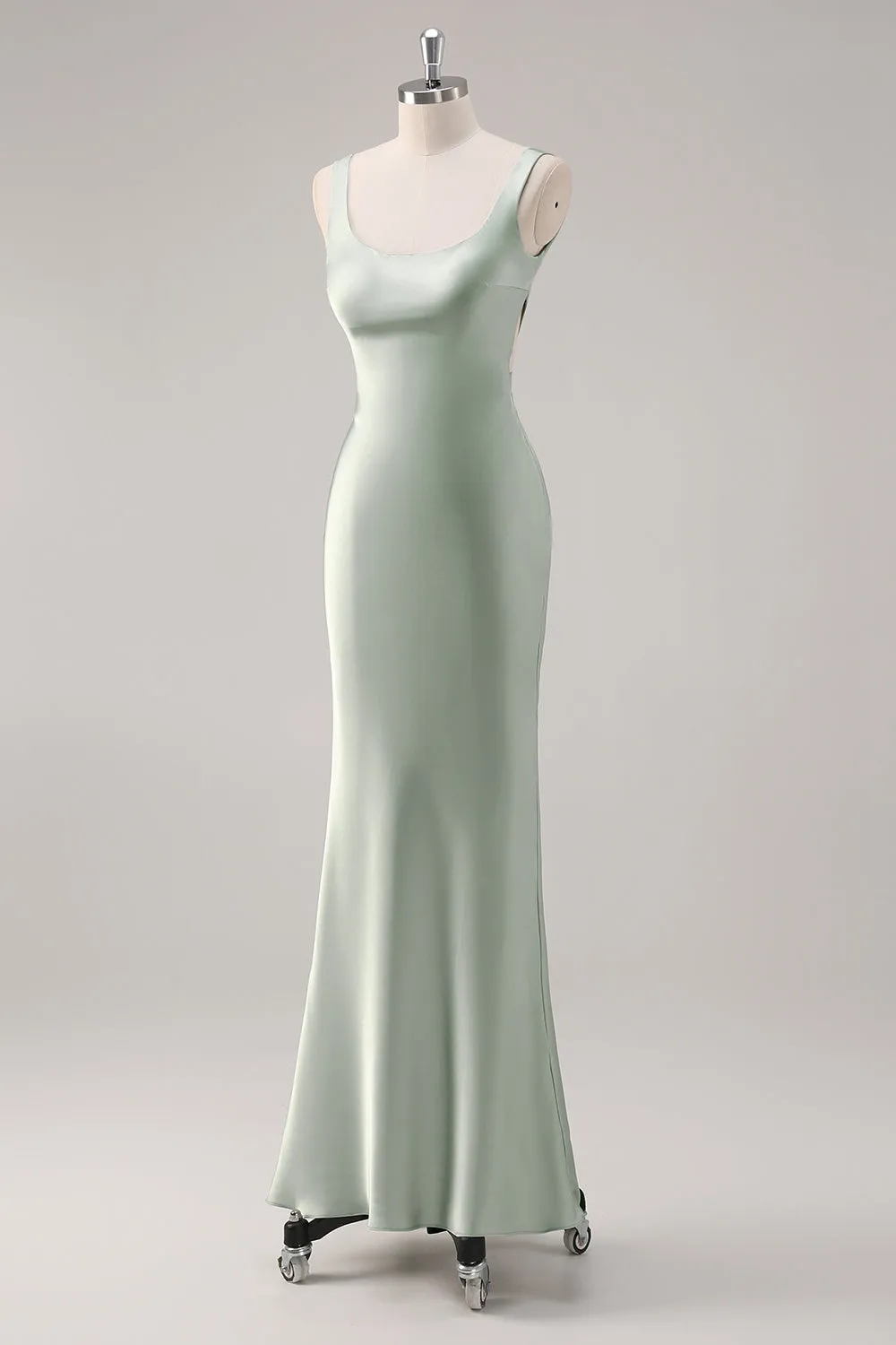 Sage Green Mermaid Square Neck Satin Long Bridesmaid Dress with Criss Cross Back sold by Wedtrend product image thumbnail 3