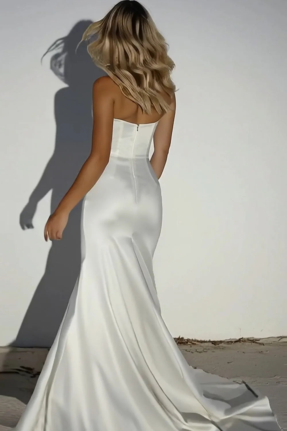 Elegant Ivory Sheath Sweetheart Beaded Satin Long Wedding Dress with Slit sold by Wedtrend product image thumbnail 2
