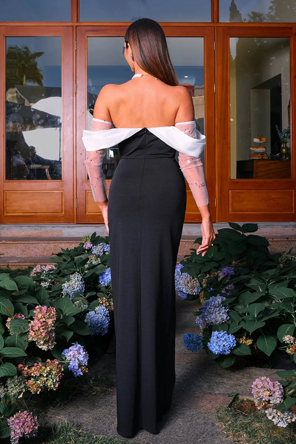 Black Mermaid Off the Shoulder Long Sleeves Ruched Long Formal Dress with Slit sold by Wedtrend product image thumbnail 2