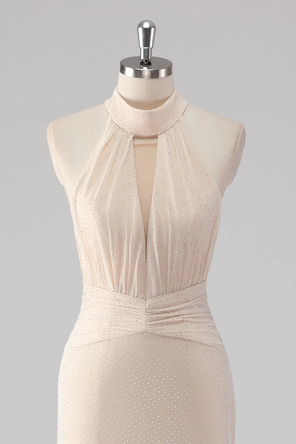 Cream Mermaid Halter Cut Out Beaded Long Formal Dress with Lace Up Back sold by Wedtrend product image thumbnail 4