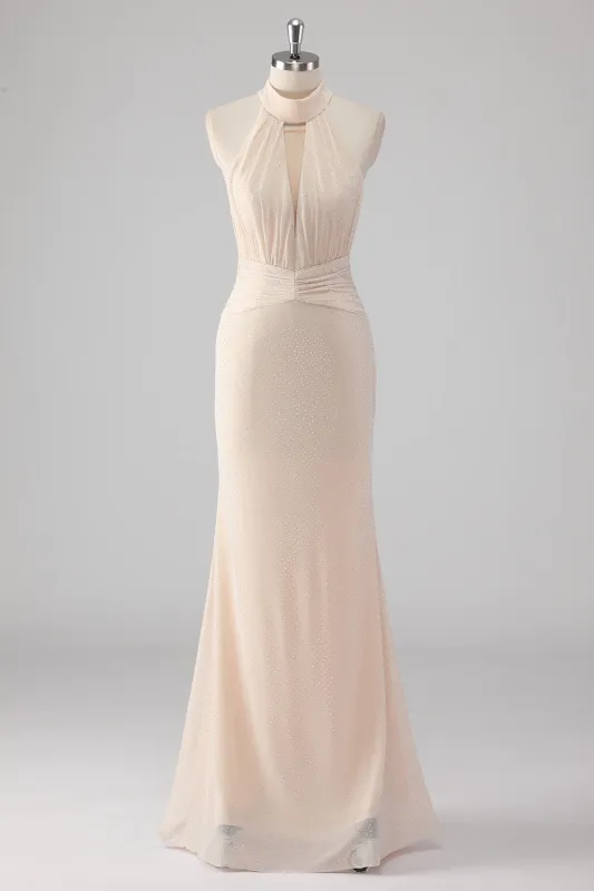 Cream Mermaid Halter Cut Out Beaded Long Formal Dress with Lace Up Back made by Wedtrend