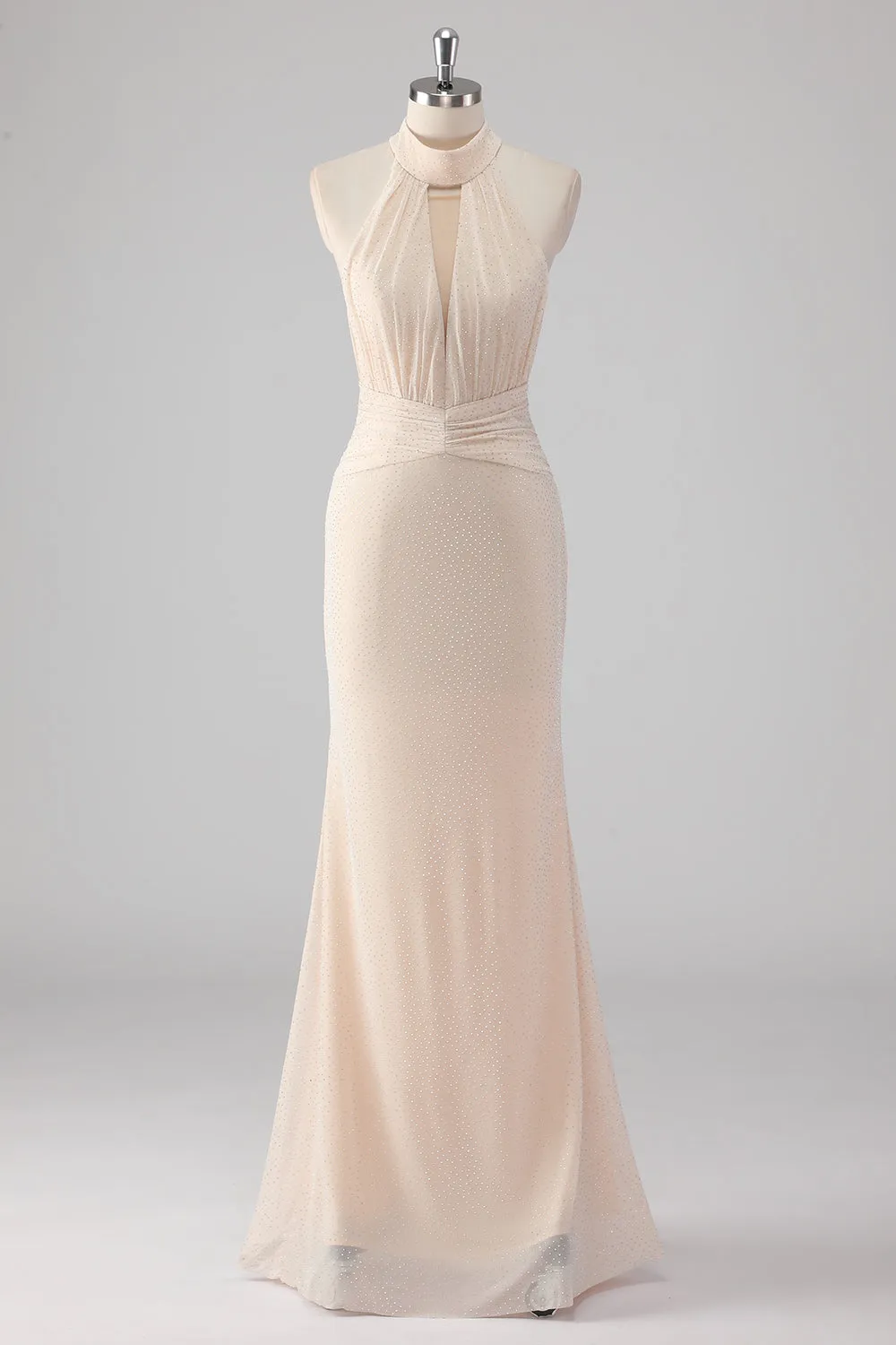 Cream Mermaid Halter Cut Out Beaded Long Formal Dress with Lace Up Back sold by Wedtrend