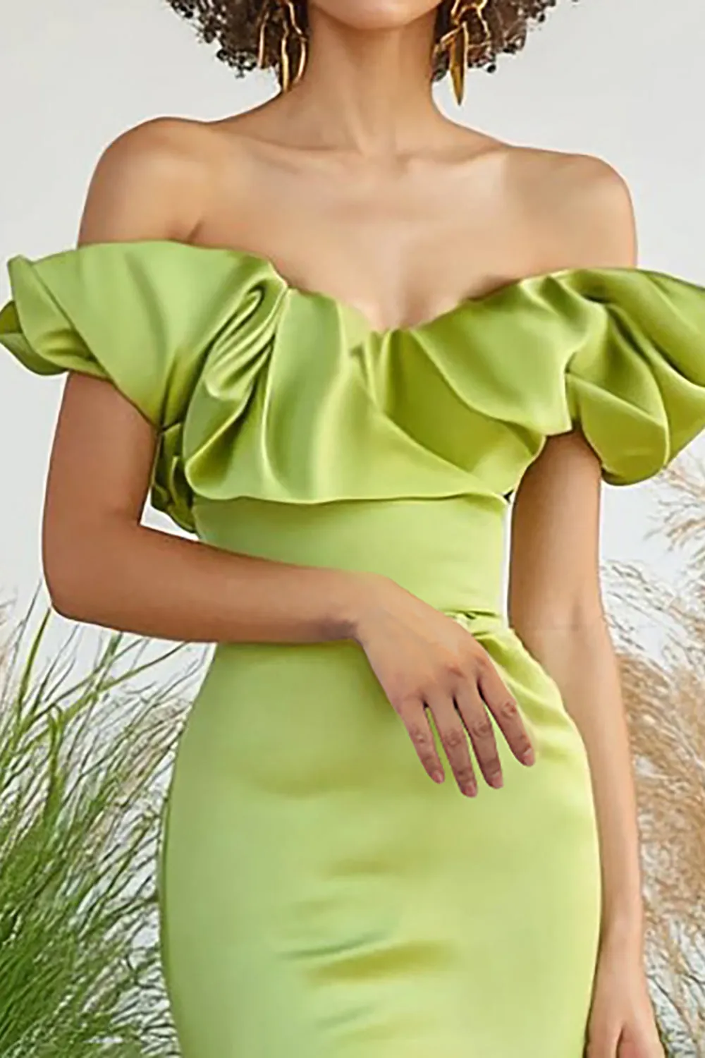 Lemon Green Mermaid Off the Shoulder Satin Long Formal Dress sold by Wedtrend product image thumbnail 2
