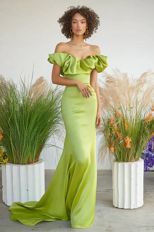 Lemon Green Mermaid Off the Shoulder Satin Long Formal Dress sold by Wedtrend