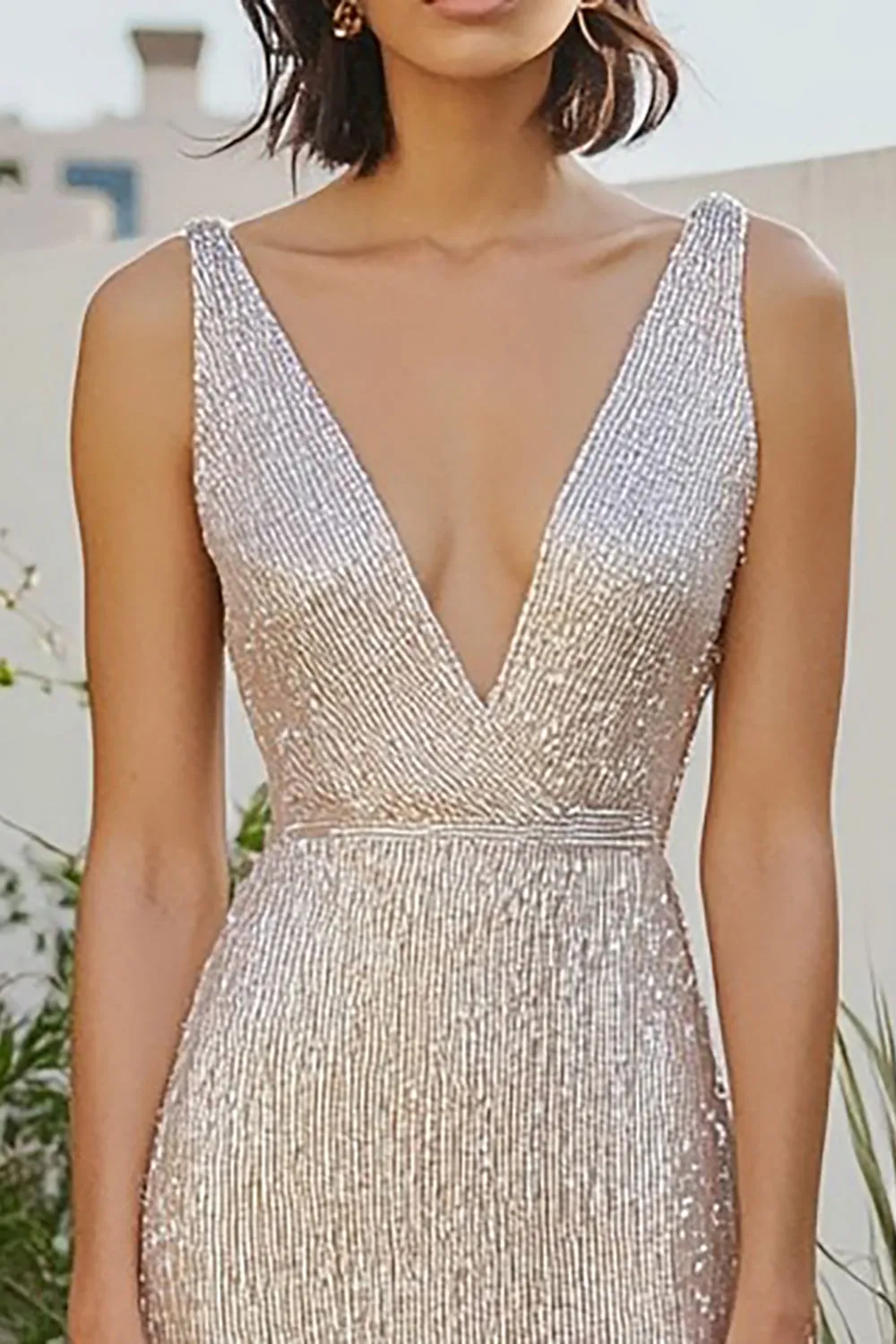Champagne Sheath Deep V-Neck Metallic Long Formal Dress sold by Wedtrend product image thumbnail 2