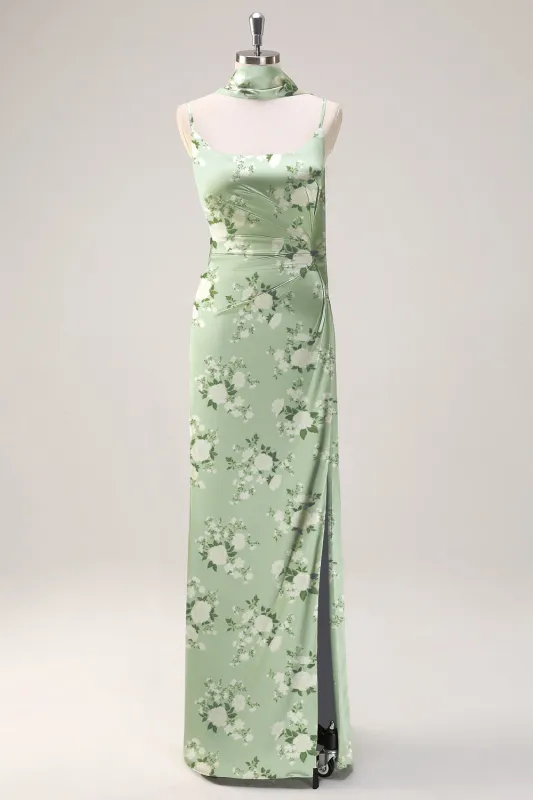 Sage White Flower Sheath Streamer Long Satin Bridesmaid Dress with Slit made by Wedtrend